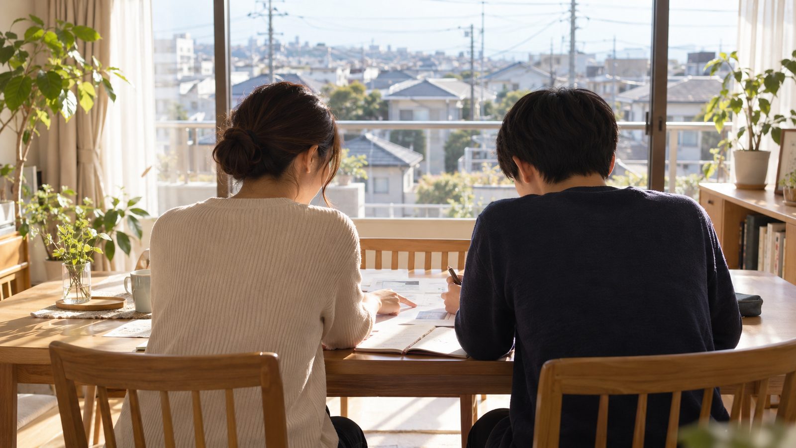 マンションのダイニングで書類を広げて並んで座る親子の後ろ姿